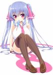  1girl bare_shoulders blue_hair breasts brown_legwear highres huge_breasts looking_at_viewer original popsicle red_eyes riko_(shuz) shoes shuz_(dodidu) solo thigh-highs twintails 