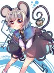  1girl animal_ears basket bent_over blush capelet dowsing_rod grey_hair highres jewelry long_sleeves mouse mouse_ears mouse_tail nazrin necklace red_eyes shinonome_neko-tarou shirt short_hair skirt skirt_set socks solo tail touhou upskirt vest white_background white_legwear 