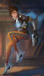  1girl brown_hair goggles gun handgun highres looking_at_viewer overwatch solo tracer_(overwatch) weapon yagaminoue 