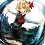  1girl :d ;d blonde_hair darkness hair_ribbon highres one_eye_closed open_mouth outstretched_arms red_eyes ribbon rumia shirt short_hair skirt smile spread_arms tosk_(swav-coco) touhou vest 
