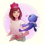  1girl beanie black_eyes brown_hair eye_contact female_protagonist_(pokemon_sm) floating green_eyes hat light_smile looking_at_another parted_lips poke_ball pokemon pokemon_(creature) pokemon_(game) pokemon_sm popplio red_hat ribbon round_teeth shirt short_hair short_sleeves t-shirt teeth tied_shirt whiskers white_ribbon white_shirt zolaida 