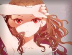  1girl armpits bare_shoulders brown_hair close-up collarbone curly_hair face idolmaster idolmaster_cinderella_girls long_hair off_shoulder parted_lips red_eyes seki_hiromi simple_background solo strap_slip upper_body uzu_shi_o 