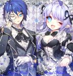  1boy 1girl ;d argyle argyle_background black_bow blue_eyes blue_hair bow bowtie butler character_name ciel_(elsword) cravat elsword expressionless formal frills gloves grey_background hair_bow long_hair looking_at_viewer luciela_r._sourcream maid maid_headdress monocle one_eye_closed open_mouth pika_(kai9464) pointy_ears smile suit upper_body watermark web_address white_gloves white_hair 