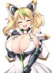  1girl :d bare_shoulders black_gloves blonde_hair blush breasts cleavage closed_eyes elbow_gloves gene_(pso2) gloves heart highres huge_breasts kurokaze_no_sora long_hair open_mouth phantasy_star phantasy_star_online_2 simple_background smile solo twintails white_background 