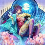  1girl ass blue_eyes breasts butterfly copyright_request earrings flower full_moon gloves hair_ornament highres jewelry long_hair looking_at_viewer moon necklace official_art purple_hair sitting solo suke_akurou thigh-highs wavy_hair 