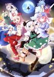  6+girls belt black_gloves black_legwear blue_dress blue_eyes blue_hair blush detached_sleeves dress fingerless_gloves fujiwara_no_mokou full_body full_moon gloves green_dress green_eyes green_hair hair_ornament hair_ribbon hair_rings hair_stick hairband hakurei_reimu hat hitodama holding_hands japanese_clothes kaku_seiga kamishirasawa_keine katana kneehighs konpaku_youmu konpaku_youmu_(ghost) long_sleeves looking_at_viewer miyako_yoshika mob_cap mononobe_no_futo moon multiple_girls night night_sky nomi_(kurocxx110) ofuda open_mouth outstretched_arms pants pink_eyes pink_hair puffy_sleeves purple_hair red_eyes ribbon saigyouji_yuyuko sharp_teeth shirt shoes short_hair short_sleeves silhouette silver_hair skirt skirt_set sky smile soga_no_tojiko stuffed_animal stuffed_toy sword tate_eboshi teddy_bear teeth touhou tress_ribbon triangular_headpiece veil vest violet_eyes weapon white_hair wide_sleeves 