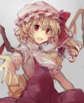  1girl ascot blonde_hair fang flandre_scarlet pointy_ears red_eyes side_ponytail solo tanuma_(tyny) touhou wings 