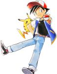  1boy baseball_cap belt black_hair hat mato_(illustrator) official_art pikachu poke_ball pokemon pokemon_(anime) satoshi_(pokemon)_(classic) 