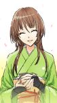  1girl ^_^ bridal_gauntlets brown_hair closed_eyes genderswap genderswap_(mtf) hayabuta_(emi) ishikirimaru japanese_clothes kimono petals smile touken_ranbu yunomi 