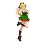  1girl blonde_hair breasts christmas cleavage dress frilled_dress frills green_eyes hair_ornament heart highres leafa long_hair looking_at_viewer official_art one_eye_closed ponytail simple_background solo sword_art_online sword_art_online:_code_register white_background 