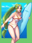  1girl beach bellhenge bikini breasts cleavage green_hair highres kid_icarus kid_icarus_uprising nintendo palutena ponytail solo sunglasses sunglasses_on_head surfboard swimsuit 