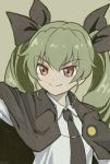  anchovy bangs brown_eyes cape commentary_request drill_hair girls_und_panzer green_hair hair_ribbon necktie otoufu outstretched_arm ribbon shirt smile twin_drills 