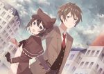  1boy 1girl animal_ears blue_eyes blush brown_hair building cat_ears fang formal gloves hat male_focus nagitoki necktie original short_hair sky suit 