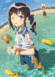  1boy 1girl ;p aoi_sora_(pairan) arms_up ball barefoot beachball blush brown_eyes brown_hair dark_skin dog flip-flops from_above hair_ribbon long_hair looking_at_viewer looking_up one_eye_closed original pairan polo_shirt ribbon sandals see-through shirt shorts smile soaking_feet solo_focus spiky_hair standing standing_on_liquid tongue tongue_out twintails water wet wet_clothes white_shirt 