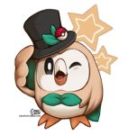  ;d arm_up artist_name beak black_eyes black_hat daisyein hat hat_ornament holding holding_hat leaf looking_at_viewer no_humans one_eye_closed open_mouth pokemon pokemon_(creature) pokemon_(game) pokemon_sm removing_hat rowlet simple_background smile standing star top_hat watermark web_address white_background 