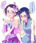 2girls bare_shoulders blue_eyes blue_hair dokidoki!_precure glasses gloves hair_ribbon hishikawa_rikka jewelry kenzaki_makoto long_hair multiple_girls necklace negom precure purple_hair red-framed_glasses ribbon short_hair simple_background spade speech_bubble translation_request violet_eyes white_background white_gloves yuri