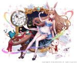 1girl alice_(wonderland) alice_in_wonderland ango animal_ears bangs blunt_bangs blush breasts brown_hair cake card castle cleavage clock cookie cup elbow_gloves food gloves hair_ribbon jewelry kaku-san-sei_million_arthur locket long_hair looking_at_viewer mirror night night_sky open_mouth pendant rabbit rabbit_ears ribbon shoe_ribbon skirt sky solo sparkle_background sparkling_eyes table tablecloth teacup teapot thigh-highs vial violet_eyes watermark white_background white_gloves white_legwear zettai_ryouiki 