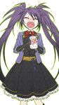  1girl amazake_(drink) blush bow closed_eyes dress fingerless_gloves fudou_yukimitsu genderswap genderswap_(mtf) gloves hayabuta_(emi) jacket open_mouth purple_hair touken_ranbu twintails wavy_mouth 