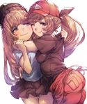  2girls ;) anger_vein arm_around_neck arm_around_waist arm_grab ass bangs baseball_cap beanie black_hat black_skirt blonde_hair blunt_bangs blush breast_press breasts brown_hair cagliostro_(granblue_fantasy) cheek-to-cheek clarisse_(granblue_fantasy) closed_mouth cowboy_shot eyelashes granblue_fantasy green_eyes hand_on_another&#039;s_arm hat highres huge_breasts long_hair looking_at_another looking_at_viewer looking_to_the_side miniskirt multiple_girls one_eye_closed pleated_skirt ponytail red_hat shirt shirt_grab short_sleeves simple_background skirt smile swept_bangs t-shirt thigh_gap uguisu_(pix-pix) violet_eyes wavy_mouth white_background 