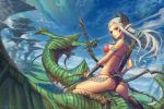  1girl armlet arrow ass bare_shoulders bikini blue_sky blush bow_(weapon) breasts brown_gloves circlet clouds covered_nipples day demon_girl demon_horns demon_tail drgon fantasy fingerless_gloves fletches floating_hair from_behind gem gloves holding holding_weapon horns large_breasts light_smile long_hair looking_back original outdoors parted_lips plant pointy_ears quiver red_bikini red_eyes riding sapphire_(stone) scales scenery sharp_teeth sideboob silver_hair sinad sitting sky solo straddling strap_gap swimsuit tail teeth upright_straddle very_long_hair weapon 