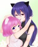  2girls animal_ears black_shirt breasts fang hair_between_eyes hand_in_another&#039;s_hair hand_on_another&#039;s_head highres long_hair mizuiro_32 multiple_girls open_mouth original pink_hair red_eyes ribbon_trim shirt short_sleeves sleeveless sleeveless_shirt very_long_hair violet_eyes 
