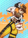  1girl brown_hair earrings goggles gun hand_on_hip handgun jewelry lol_(harikofu) looking_at_viewer looking_back overwatch pants pistol short_hair smile solo thighs tight tight_pants tracer_(overwatch) weapon 