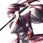  1girl ao-shiba japanese_clothes katana meira petals purple_hair red_eyes solo sword touhou touhou_(pc-98) weapon wide_sleeves 