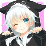  1girl animal_ears animal_hood aoi_(kiyokiyoaomushi) bangs blue_nails cat_ears cat_hood character_request commentary_request copyright_request fingernails hood hoodie long_fingernails nail_polish one_eye_closed silver_hair sleeves_past_wrists smile solo 