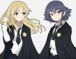  2girls adjusting_hair bangs black_hair black_skirt blonde_hair braid brown_eyes cape carpaccio crossed_arms dress_shirt emblem girls_und_panzer green_eyes hinomaru_(futagun) long_hair long_sleeves looking_at_viewer miniskirt multiple_girls necktie pepperoni_(girls_und_panzer) school_uniform shirt short_hair side_braid skirt standing white_background white_shirt 