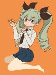  anchovy bangs brown_eyes cheese_trail drill_hair eating food girls_und_panzer green_hair hair_ribbon holding holding_food kneeling miniskirt necktie otoufu pizza pleated_skirt ribbon shirt skirt twin_drills 