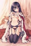  1girl :o animal artist_name bangs bare_shoulders bed black_cat black_hair black_legwear bliss_(artist) blush bow breasts cat curtains dalmatian_print eyebrows eyebrows_visible_through_hair frills full_body garter_belt hair_between_eyes head_tilt highres kneeling long_hair looking_at_viewer nail_polish navel no_shoes on_bed original pillow red_bow red_nails royal_robe solo stomach tassel thigh-highs under_boob underwear underwear_only violet_eyes 