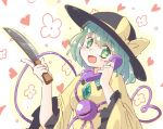  1girl arnest blush bow collared_shirt eyeball eyebrows floral_background green_eyes green_hair hat hat_bow heart heart-shaped_pupils heart_background heart_of_string knife komeiji_koishi long_sleeves open_mouth phone shirt short_hair smile solo symbol-shaped_pupils talking_on_phone third_eye touhou wide_sleeves 