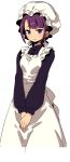  1girl asymmetrical_bangs bangs blue_eyes character_request hands_together hat himukai_yuuji long_sleeves maid mob_cap official_art purple_hair sekaiju_no_meikyuu simple_background smile solo v_arms white_background 