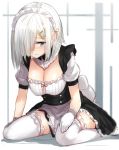  1girl alternate_costume apron blue_eyes blush breasts buttons cleavage enmaided frills gloves hair_ornament hair_over_one_eye hairclip hamakaze_(kantai_collection) isshiki_(ffmania7) kantai_collection large_breasts looking_at_viewer maid maid_headdress short_hair short_sleeves silver_hair sitting solo thigh-highs wariza white_gloves white_legwear 
