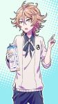  1boy brown_eyes brown_hair gotou_toushirou halftone halftone_background hayabuta_(emi) male_focus milk_carton multicolored_hair open_mouth pointing streaked_hair touken_ranbu 