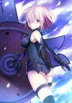  1girl ass back bare_shoulders black_dress black_legwear blush breasts commentary_request dress elbow_gloves fate/grand_order fate/stay_night fate_(series) from_behind gloves hair_over_one_eye harimoji large_breasts looking_at_viewer looking_back purple_hair shielder_(fate/grand_order) short_hair solo thigh-highs violet_eyes 