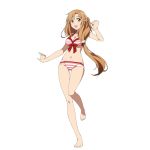  1girl asuna_(sao) bikini breasts brown_eyes brown_hair cleavage collarbone highres long_hair navel official_art open_mouth simple_background solo striped striped_bikini swimsuit sword_art_online sword_art_online:_code_register white_background 