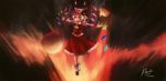  1girl artist_name ascot bow character_name clear_echoes dress fire flandre_scarlet hair_bow hat highres moon red_moon solo touhou wings 