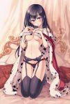  1girl :o artist_name bangs bare_shoulders bed black_hair black_legwear bliss_(artist) blush bow breasts curtains dalmatian_print eyebrows eyebrows_visible_through_hair frills full_body garter_belt hair_between_eyes head_tilt highres kneeling long_hair looking_at_viewer nail_polish navel no_shoes on_bed original pillow red_bow red_nails royal_robe solo stomach tassel thigh-highs under_boob underwear underwear_only violet_eyes 
