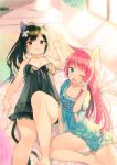  2girls :3 absurdres ahoge alarm_clock animal_ears aqua_eyes barefoot bed black_hair black_panties blurry bow breasts brown_eyes camisole cat_ears cat_tail cleavage clock depth_of_field fang hair_bow heterochromia highres long_hair looking_at_viewer lying midorikawa_you multiple_girls on_back on_bed one_eye_closed original pajamas panties pillow pink_hair polka_dot scan see-through smile tail tears underwear violet_eyes window yawning 