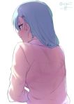  1girl aqua_hair artist_name blush brown_eyes closed_mouth earrings from_behind hair_ornament hairclip isshiki_(ffmania7) jewelry long_hair long_sleeves profile shirt simple_background smile solo upper_body white_background white_shirt 
