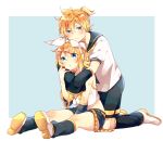  1boy 1girl arm_warmers asagao_minoru blonde_hair blue_eyes blush bow brother_and_sister full_body hair_bow hair_ornament hairclip headset hug hug_from_behind kagamine_len kagamine_rin leg_warmers nail_polish necktie sailor_collar shirt short_hair shorts siblings sitting sleeveless sleeveless_shirt twins vocaloid white_bow yellow_nails yellow_necktie 