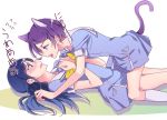 2girls animal_ears blue_eyes blue_hair blush cat_ears cat_tail dokidoki!_precure girl_on_top hishikawa_rikka kemonomimi_mode kenzaki_makoto long_hair multiple_girls negom open_mouth precure purple_hair school_uniform short_hair short_sleeves socks tail violet_eyes wavy_mouth yuri