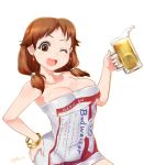  1girl ajino_(sakanahen) alcohol beer beer_mug bracelet breasts brown_eyes brown_hair budweiser cleavage cowboy_shot dress hand_on_hip idolmaster idolmaster_cinderella_girls idolmaster_cinderella_girls_starlight_stage jewelry katagiri_sanae large_breasts looking_at_viewer one_eye_closed open_mouth short_twintails solo strapless strapless_dress tube_dress twintails white_background 