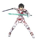  1boy armor armored_boots black_hair boots dual_wielding gloves highres holding holding_sword holding_weapon kirito looking_at_viewer official_art short_hair simple_background solo spaulders sword sword_art_online sword_art_online:_code_register weapon white_background white_gloves 