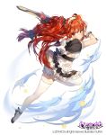  1girl 2016 artist_name black_bow black_dress black_shoes blush bow breasts closed_mouth dress elesis_(elsword) elsword fighting_stance furrowed_eyebrows hairband holding holding_sword holding_weapon long_hair looking_at_viewer low-tied_long_hair maid maid_headdress red_eyes redhead serious shoes sideboob simple_background solo sukja sword thigh-highs tsurime unsheathed very_long_hair weapon white_apron white_background white_legwear zettai_ryouiki 