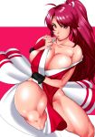  1girl absurdres bare_shoulders breasts brown_eyes brown_hair cleavage fatal_fury finger_to_mouth fingerless_gloves gloves highres huge_breasts japanese_clothes pelvic_curtain pleasure-treasure ponytail revealing_clothes shiranui_mai sideboob skindentation solo the_king_of_fighters thighs 