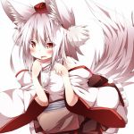  1girl animal_ears bare_shoulders blush daidai_ookami detached_sleeves fangs hat inubashiri_momiji looking_at_viewer open_mouth pom_pom_(clothes) red_eyes short_hair silver_hair simple_background solo tail tokin_hat touhou white_background wide_sleeves wolf_ears wolf_tail 