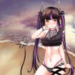  1girl alternate_costume bangs beach bikini black_bikini black_hair blurry blurry_background blush breasts clouds commentary_request contrapposto cowboy_shot dameyoshi demon_girl demon_horns demon_tail eyebrows_visible_through_hair fisheye frilled_bikini frills hand_on_own_neck heart highres horizon horns kojo_anna long_hair looking_to_the_side medium_breasts multicolored_hair navel ocean open_mouth outdoors pointy_ears solo sugar_lyric sunset swimsuit tail twintails two-tone_hair violet_eyes virtual_youtuber water yellow_eyes 