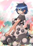  1girl animal_ears black_dress blue_eyes blue_hair book cowboy_shot doremy_sweet dress dress_lift looking_at_viewer multicolored_dress no_hat open_book pom_pom_(clothes) short_hair short_sleeves signature solo tail touhou umigarasu_(kitsune1963) white_dress 